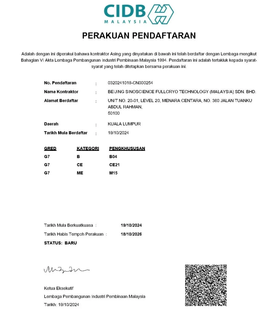 Fullcryo Obtains the Highest Construction Qualification in Malaysia